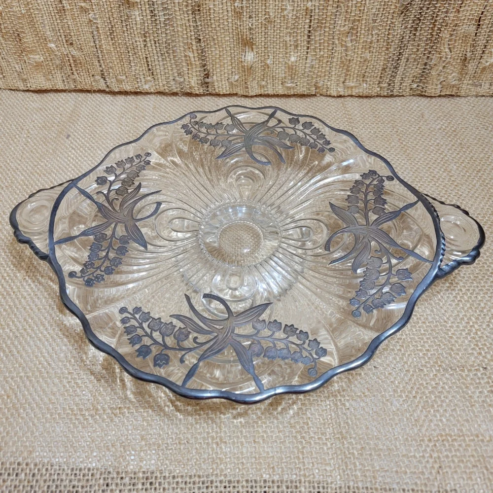 Vintage Molded Glass Footed Tray with Sterling Silver Floral Overlay